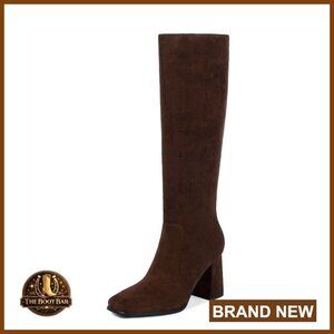 PU Leather Knee High Boots with Chunky Heel and Square Toe